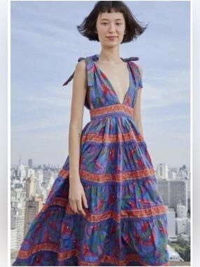 House of Harlow 1960 Blue and Red Printed Tie-Shoulder Maxi Dress